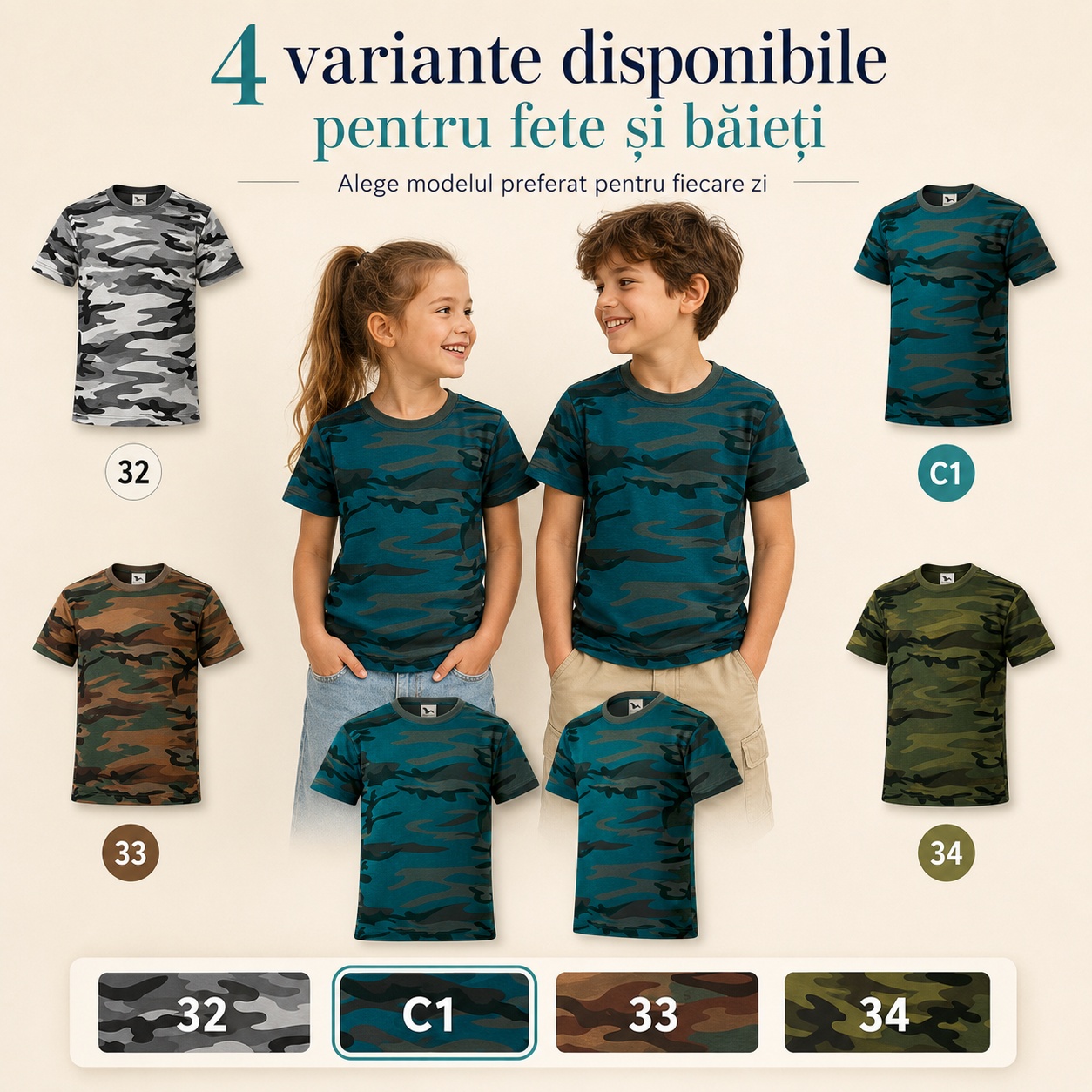 Tricou camuflaj pentru fete și băieți, 4 variante disponibile pentru fiecare zi