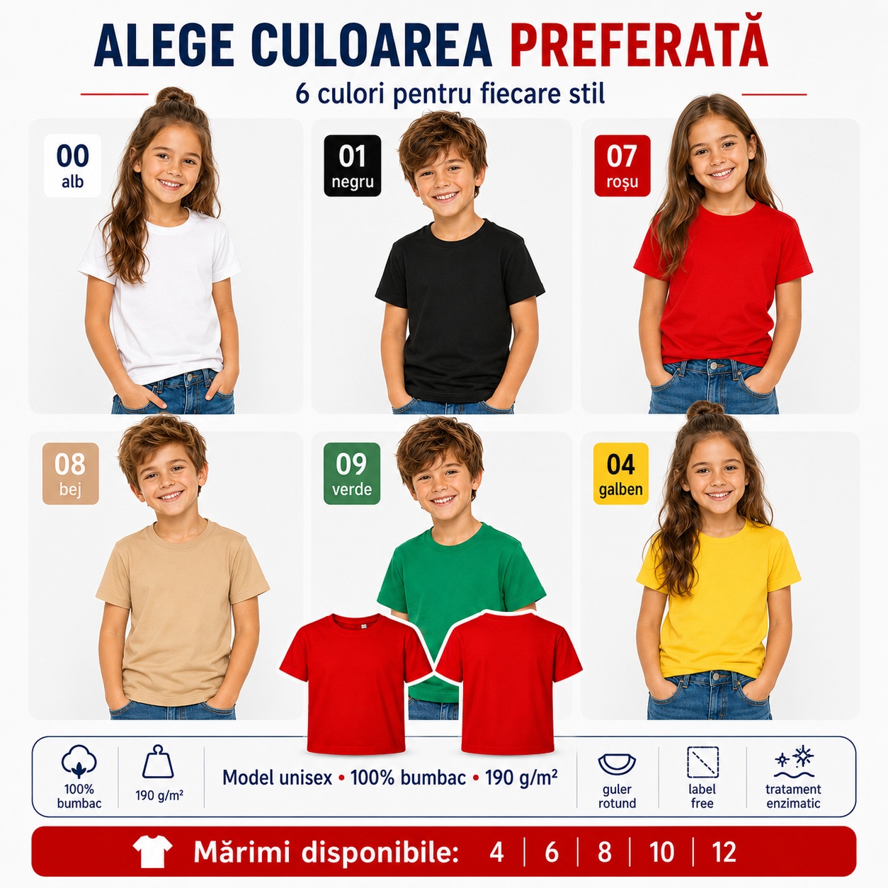 Tricou copii Edge Malfini 100% bumbac, 190 g/m², 6 culori, fete și băieți