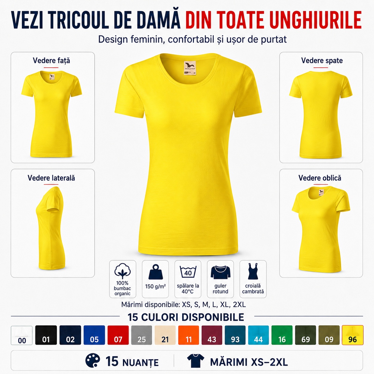 Tricou damă Malfini Native GOTS 174 văzut din toate unghiurile Tricou damă Malfini Native GOTS 174 văzut din față, spate, lateral și oblic