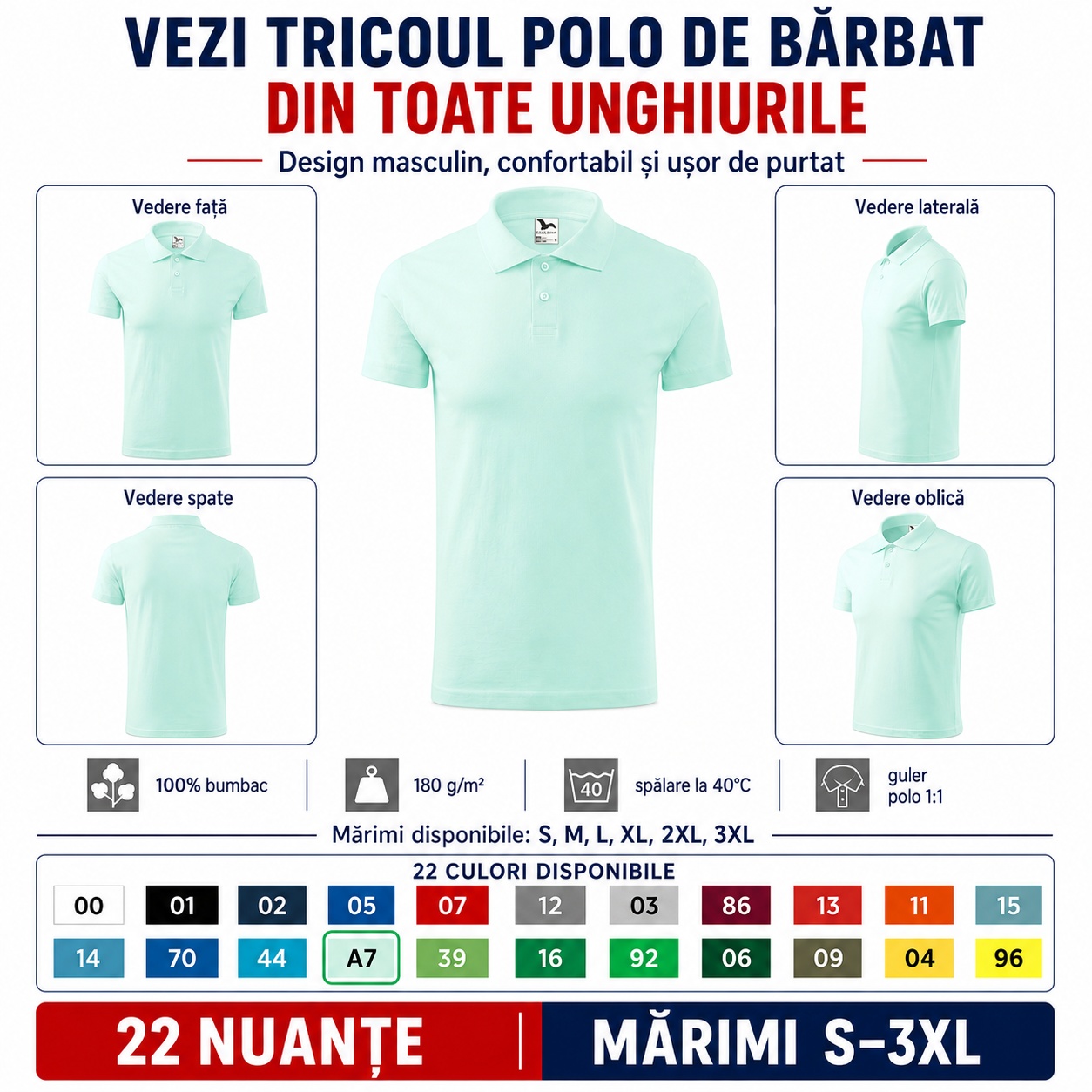 Tricou Polo Bărbat Malfini Single J. 202 din Toate Unghiurile Tricou Polo Bărbat Malfini Single J. 202 văzut din față, spate, lateral și oblic, design masculin confortabil