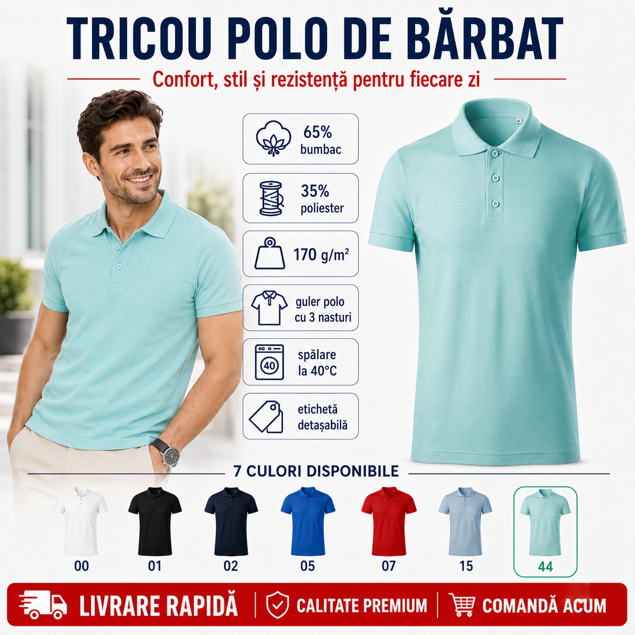 Tricou polo de bărbat simplu tip Tommy, 65% bumbac, 35% poliester, 170 g/m&sup2;, guler polo cu 3 nasturi, disponibil &icirc;n 7 culori