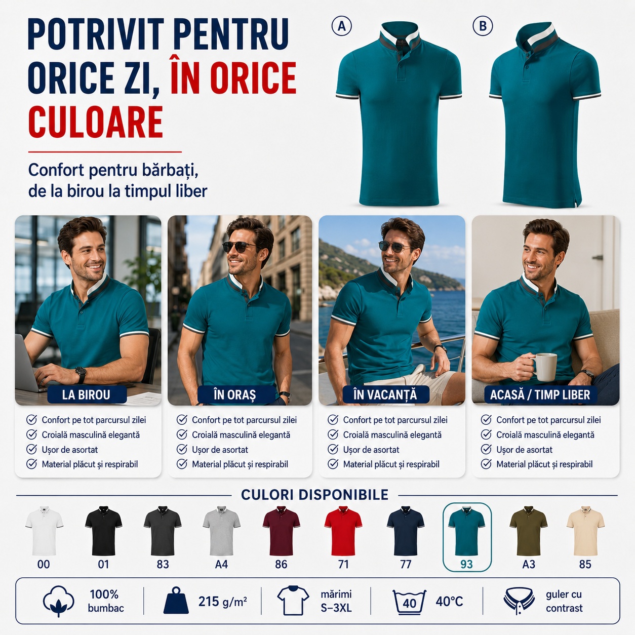 Tricou polo bărbați 256 Collar Up potrivit pentru birou, oraș, vacanță și acasă, confort zilnic și material plăcut
