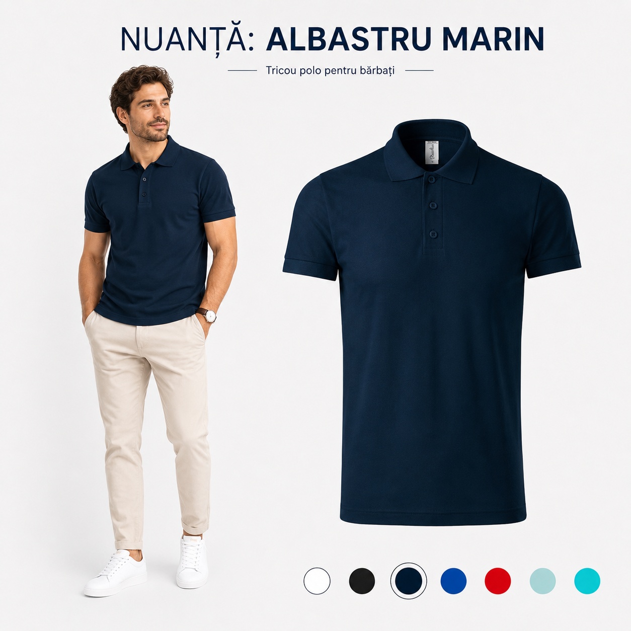 Tricou polo bărbați nuanță albastru marin, material confortabil și guler polo clasic