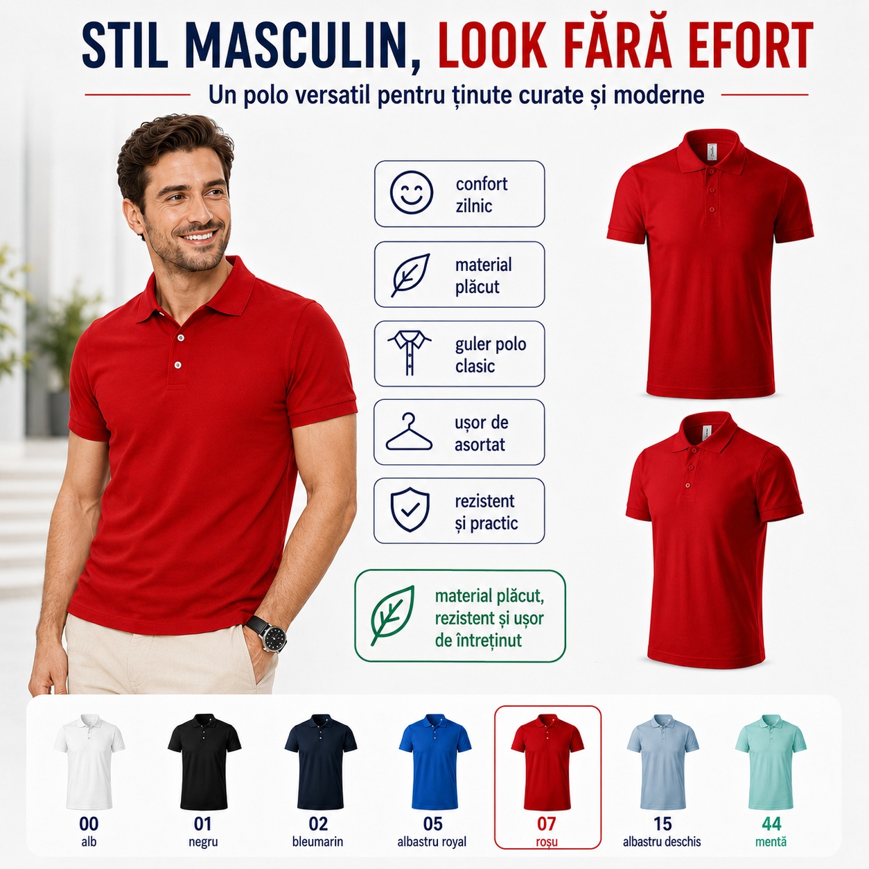 Tricou polo bărbați stil masculin, look fără efort, confort zilnic și material plăcut