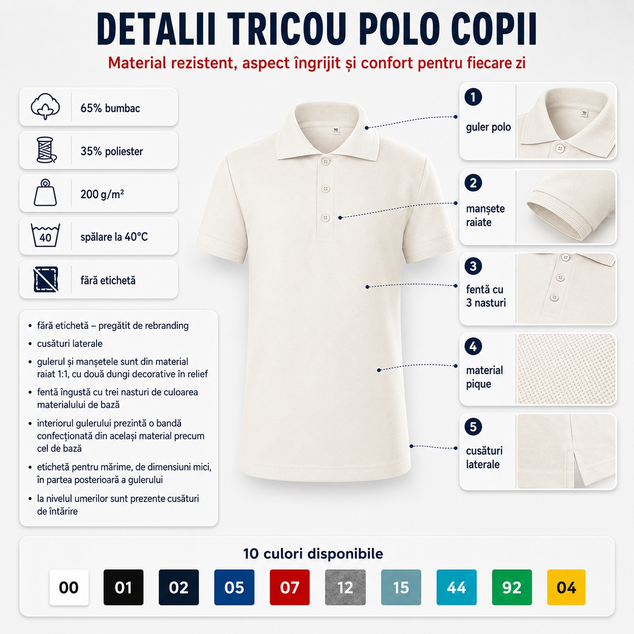 Detalii tricou polo copii, guler polo, 3 nasturi, material pique, cusături laterale, label free