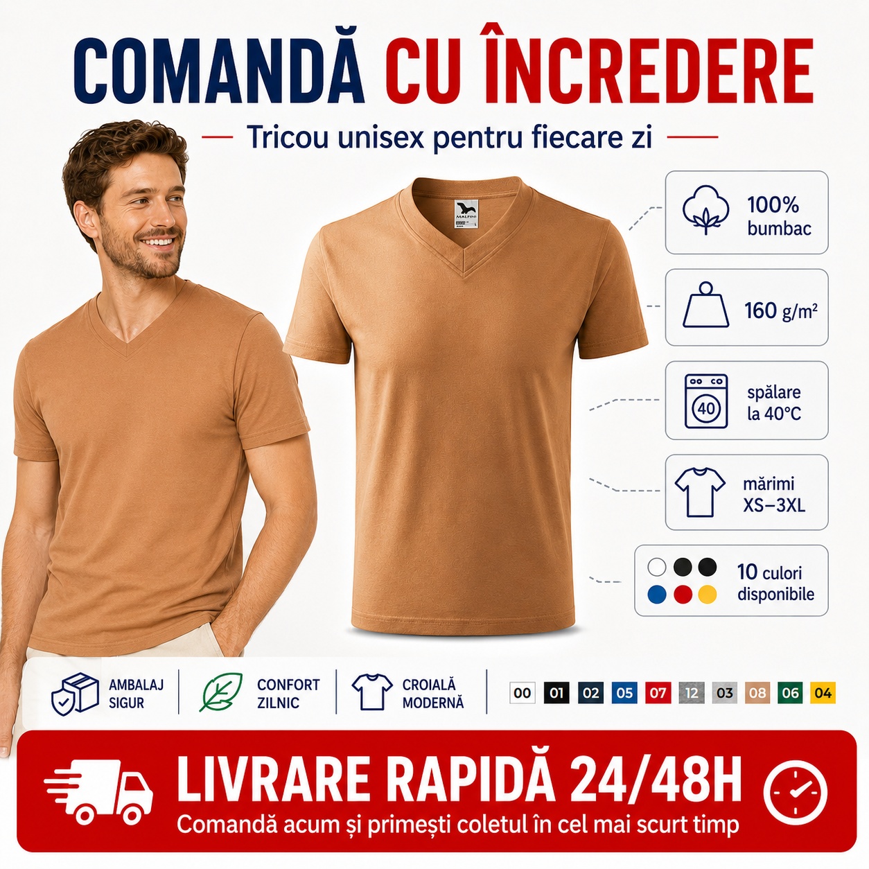 Tricou Malfini 102 cu guler în V pentru bărbat Tricou bărbat Malfini 102 cu guler în V