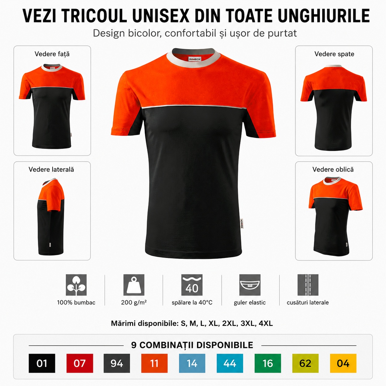 Vederi multiple ale tricoului Rimeck 109 Colormix Tricoul unisex Rimeck 109 Colormix văzut din față, spate, lateral și unghi oblic