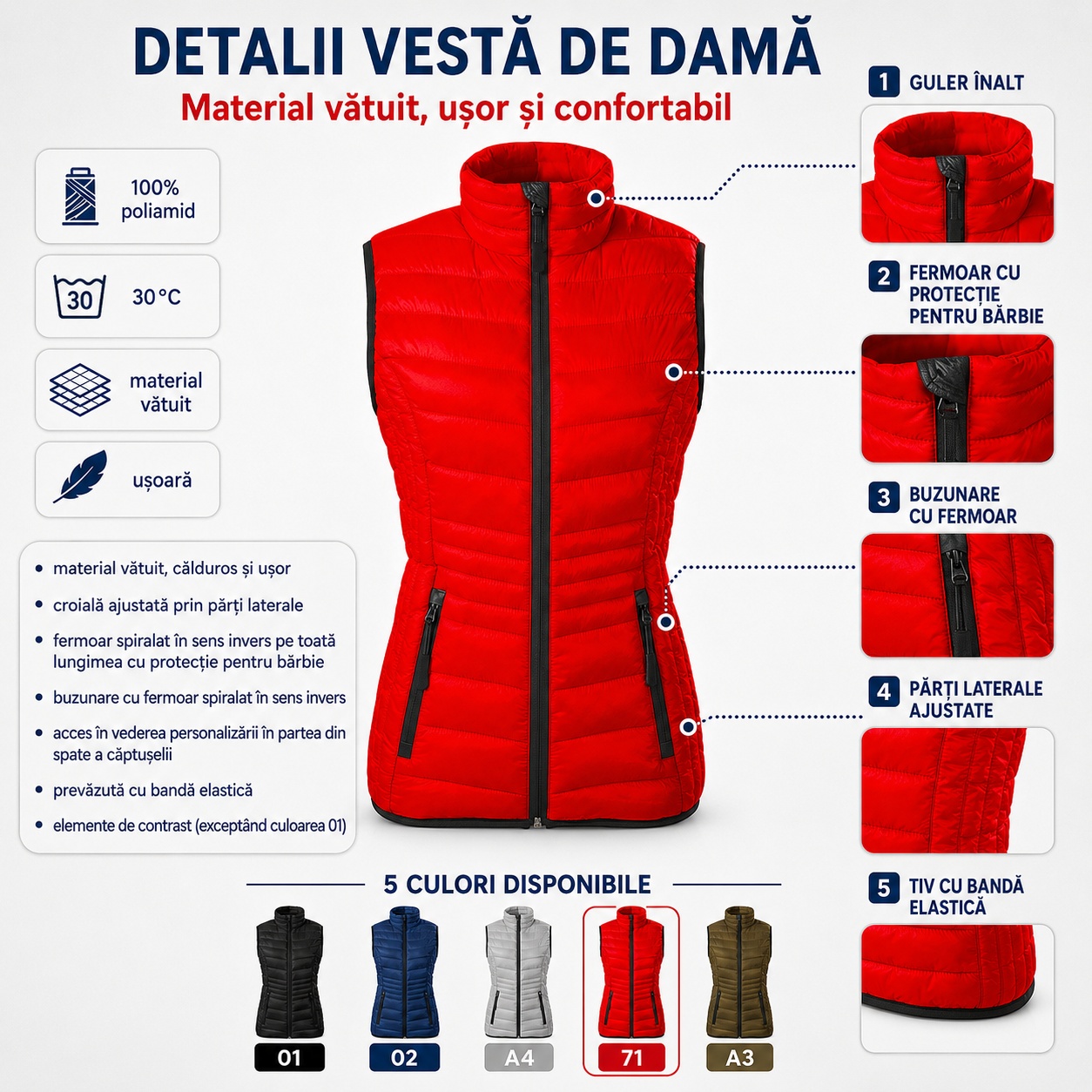 Detalii vestă damă matlasată Everest 554 cu fermoar