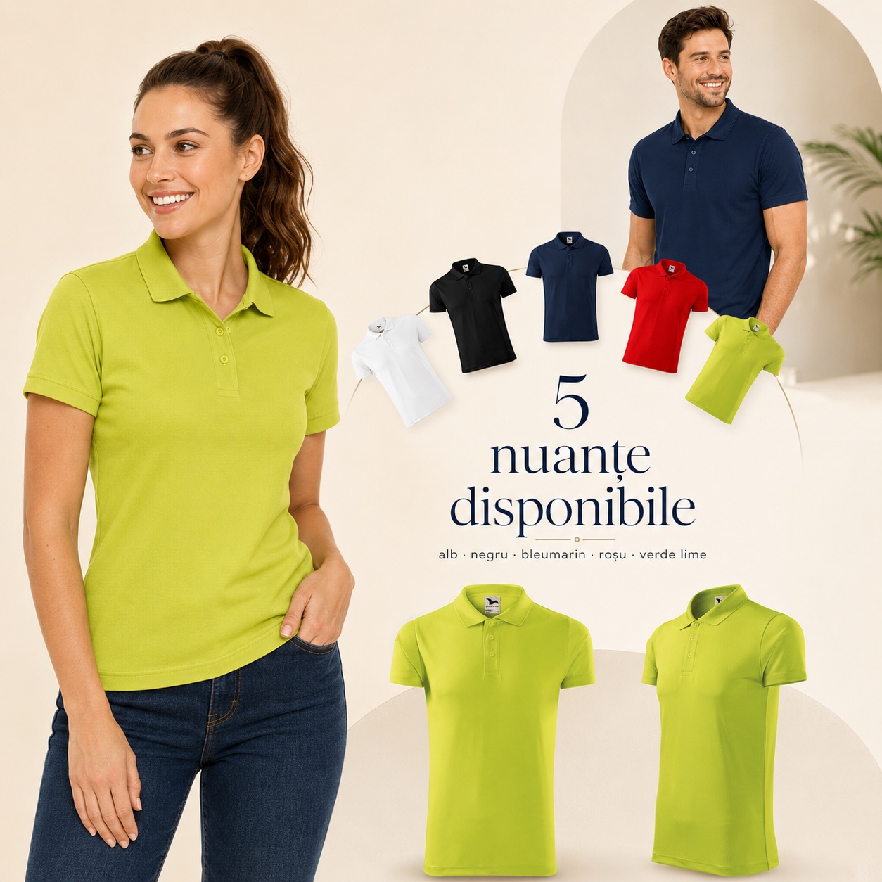 Polo unisex Malfini 217 pentru damă și bărbat Femeie și bărbat purtând tricoul polo unisex în variantele verde lime și bleumarin