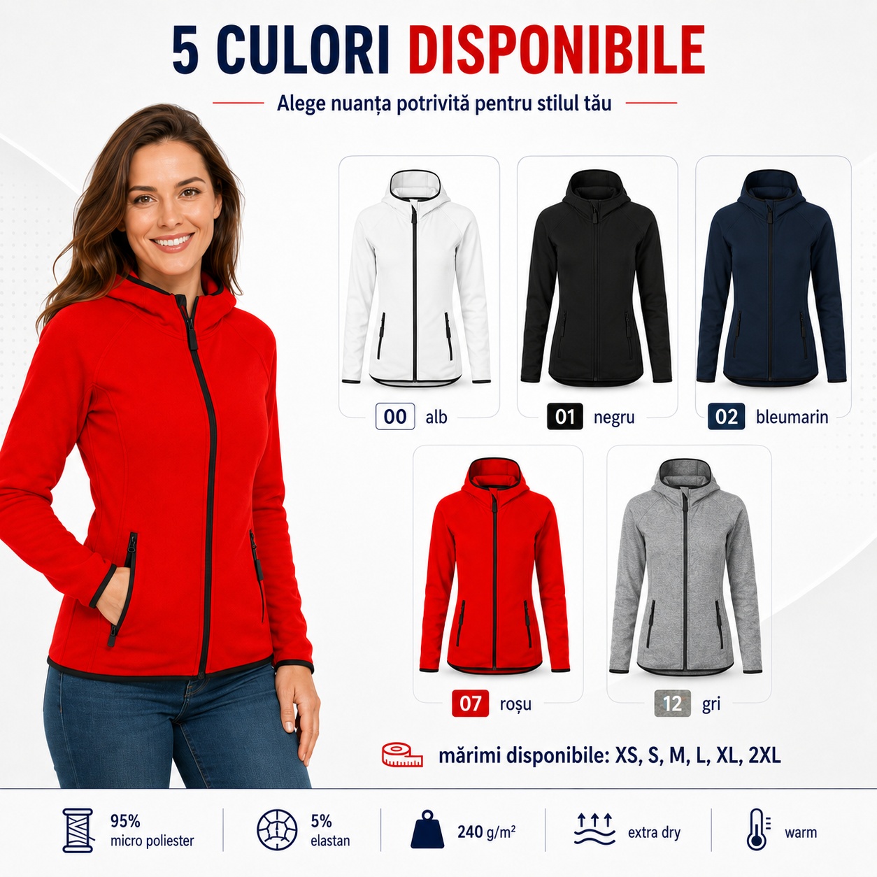 Bluza dama tip hanorac jacheta stretch fleece cu gluga si fermoar Direct 418