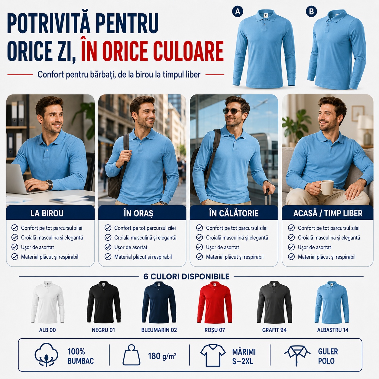 Bluză polo bărbați potrivită pentru birou, oraș, călătorie și timp liber