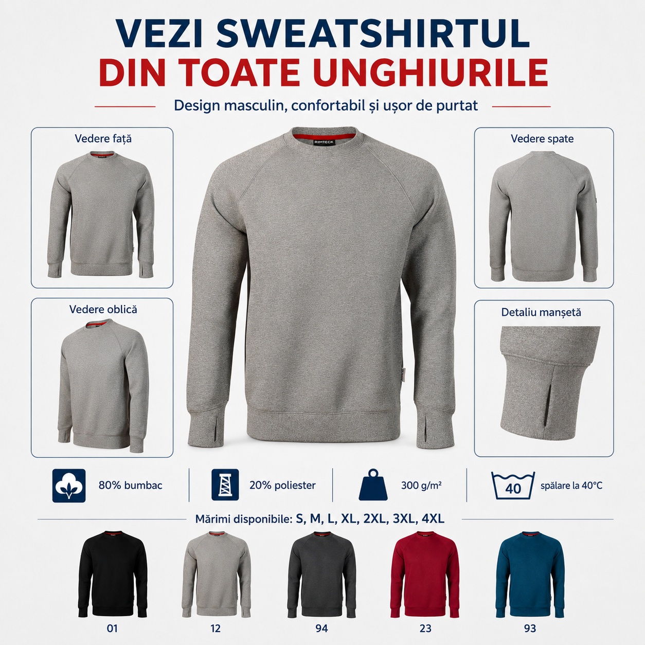 Rimeck Vertex W42 văzut din toate unghiurile Sweatshirt Vertex W42 văzut din față, spate, lateral și cu detaliu al manșetei