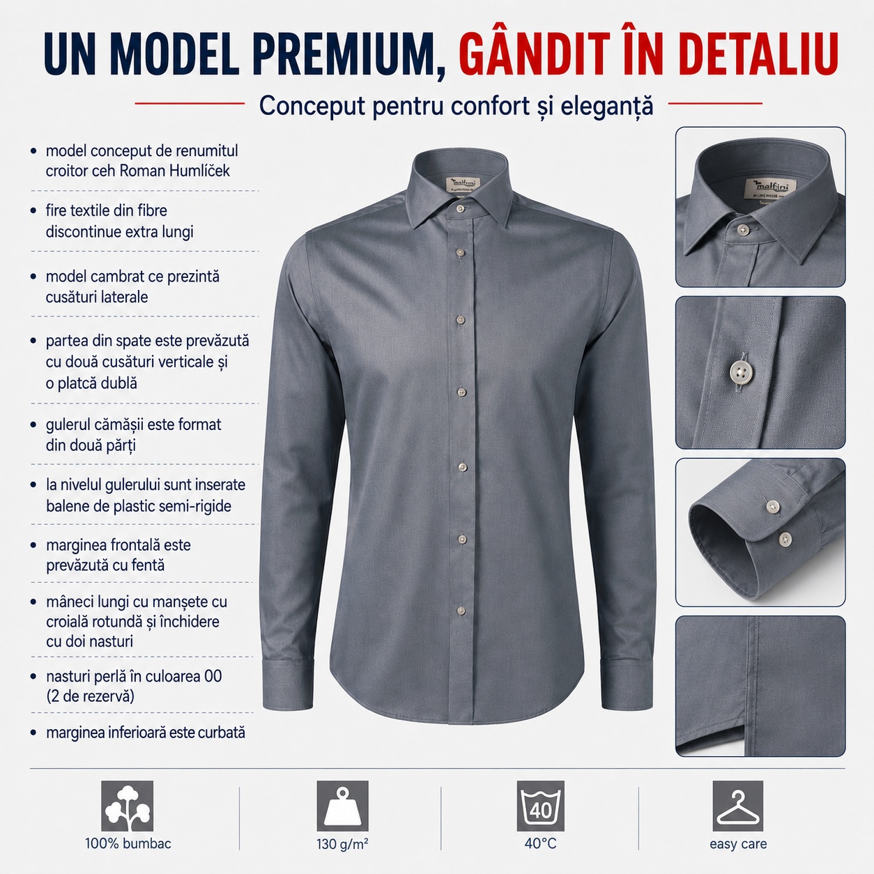 Construcție premium Malfini Journey Construcție premium cămașă Malfini Journey, guler structurat, manșete și tiv curbat