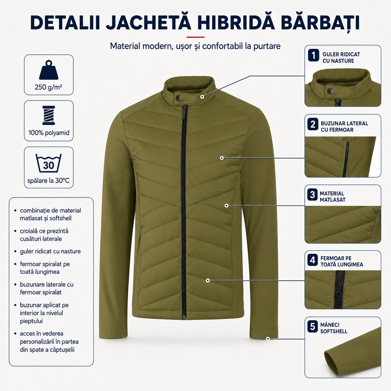Detalii geacă hibridă bărbați Cross 555 cu material matlasat și softshell