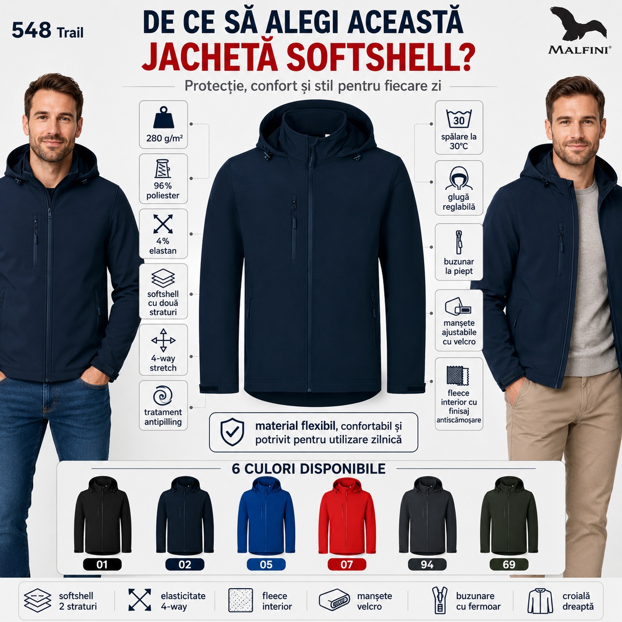 Detalii geaca softshell barbati Trail 548 gluga buzunare fermoar fleece