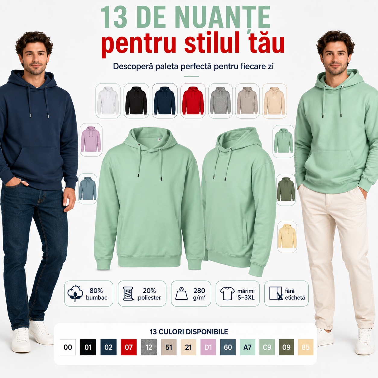 13 nuanțe de hanorac pentru stilul tău Prezentarea celor 13 nuanțe disponibile pentru hanoracul de bărbați