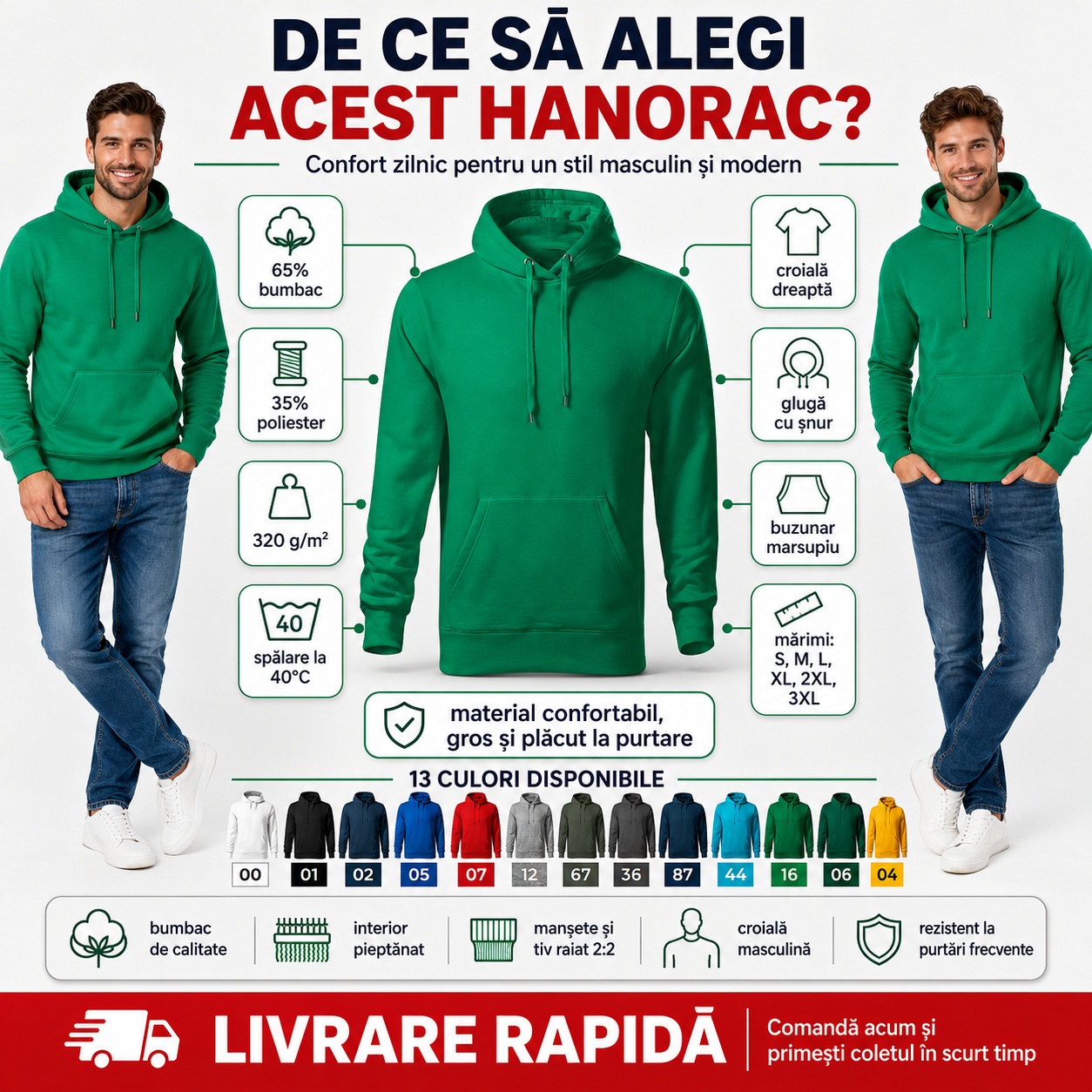 De ce să alegi hanoracul F13 Cape Free Avantajele hanoracului pentru bărbați F13 Cape Free: 65% bumbac, 320 g pe metru pătrat, glugă și buzunar marsupiu