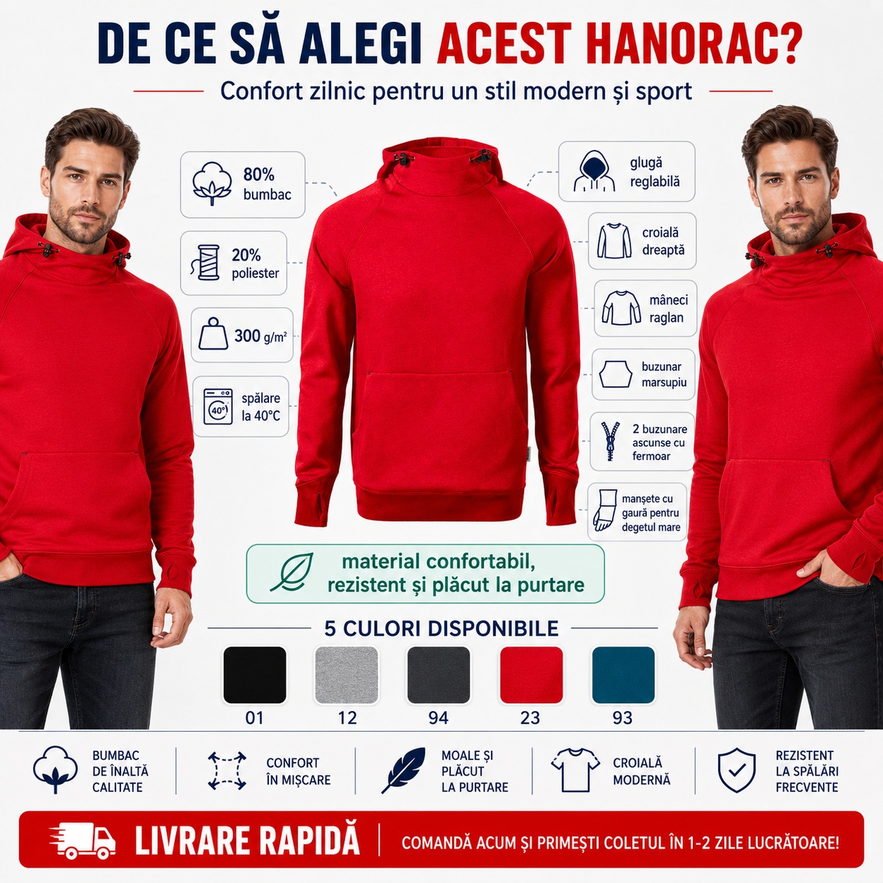 De ce să alegi hanoracul Vertex W43 Avantajele hanoracului Vertex W43: bumbac, glugă reglabilă, mâneci raglan și buzunare cu fermoar