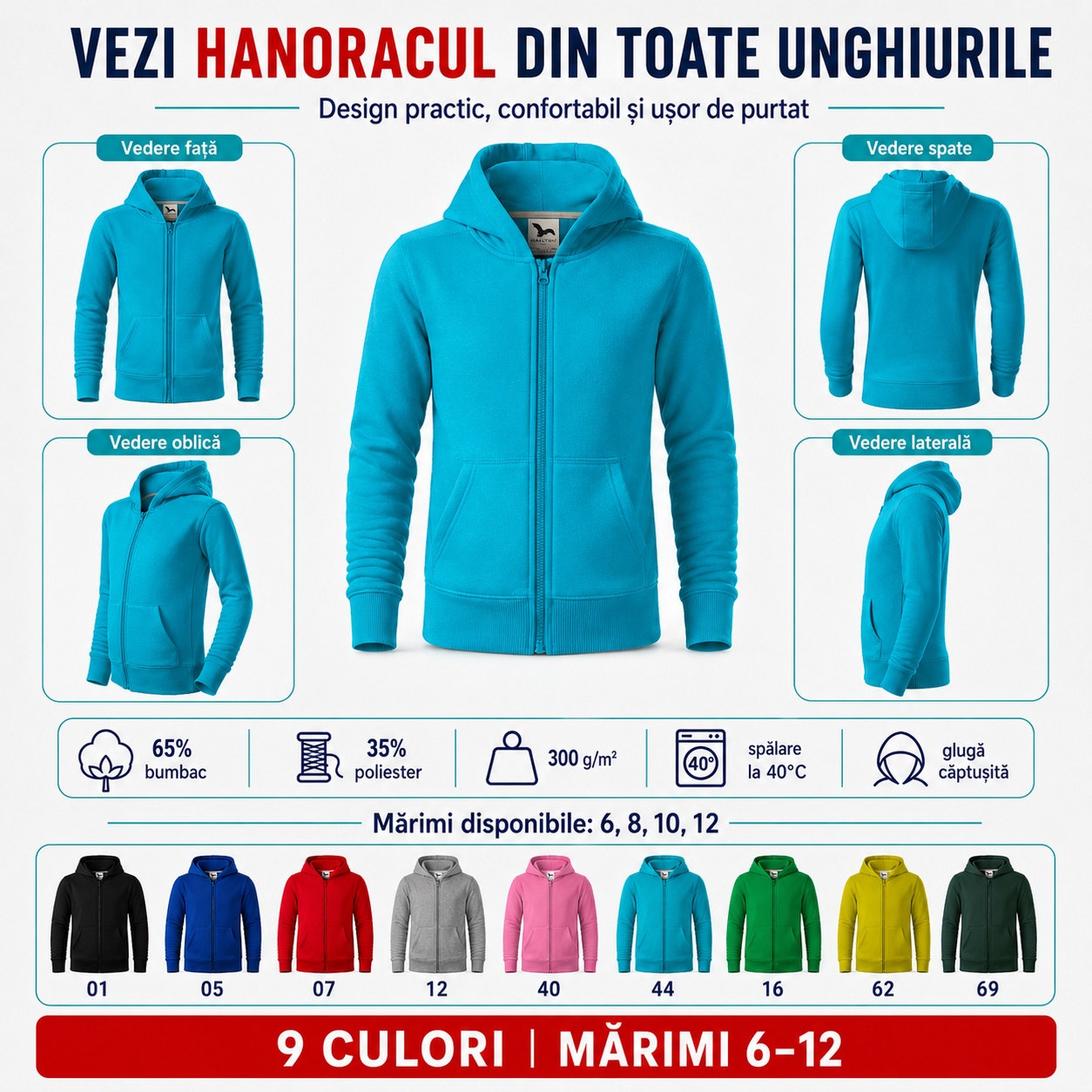 Vedere față, spate, laterală și oblică pentru hanoracul de copii