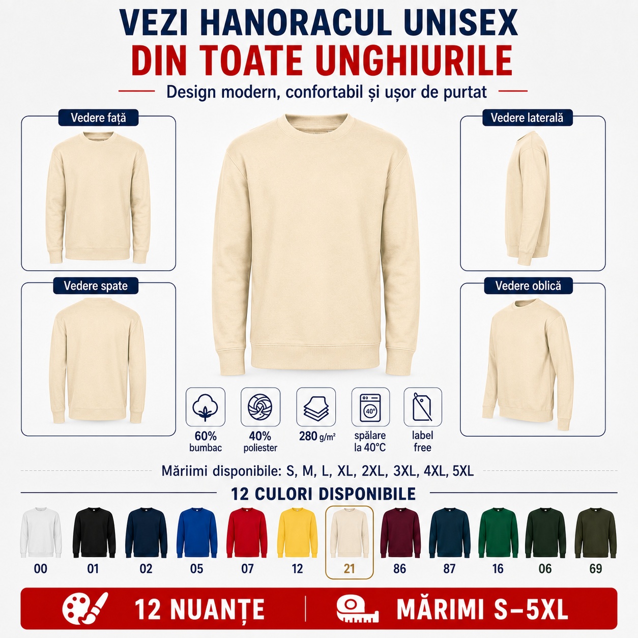 Hanorac unisex tip bluză văzut din față, spate, lateral și oblic