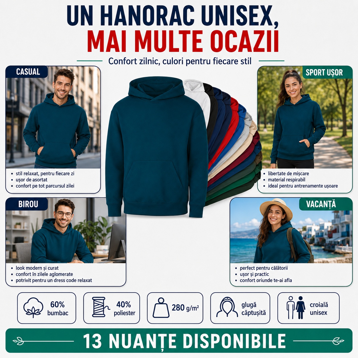 Hanorac unisex casual pentru birou, sport ușor și vacanță