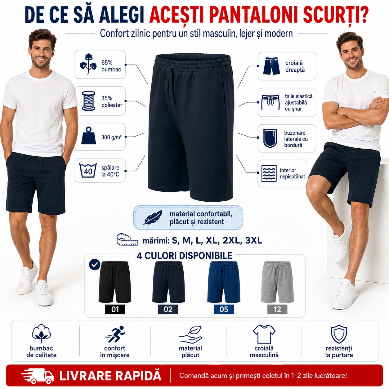 Detalii pantaloni scurți bărbați casual Comfy 611 65% bumbac și talie elastică