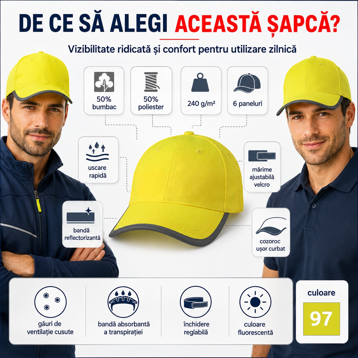 Șapcă galbenă fluorescentă HV Reflex 3V5 pentru bărbați