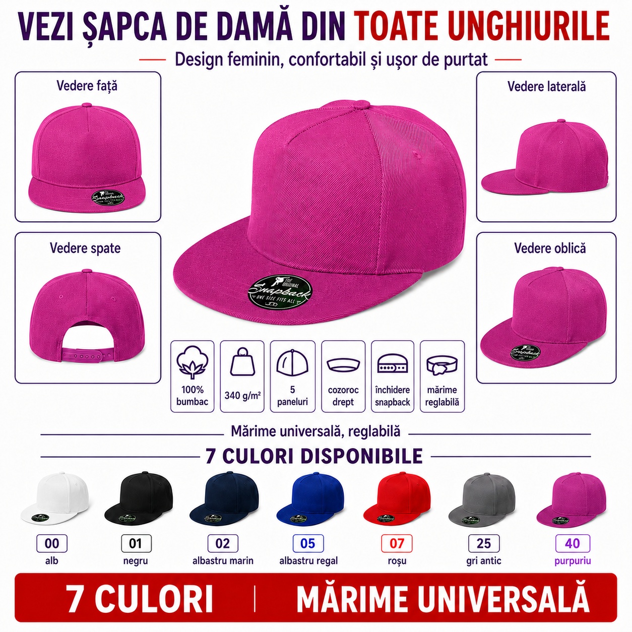 Șapcă damă RAP văzută din toate unghiurile Șapcă damă RAP Malfini văzută din față, lateral, spate și perspectivă oblică