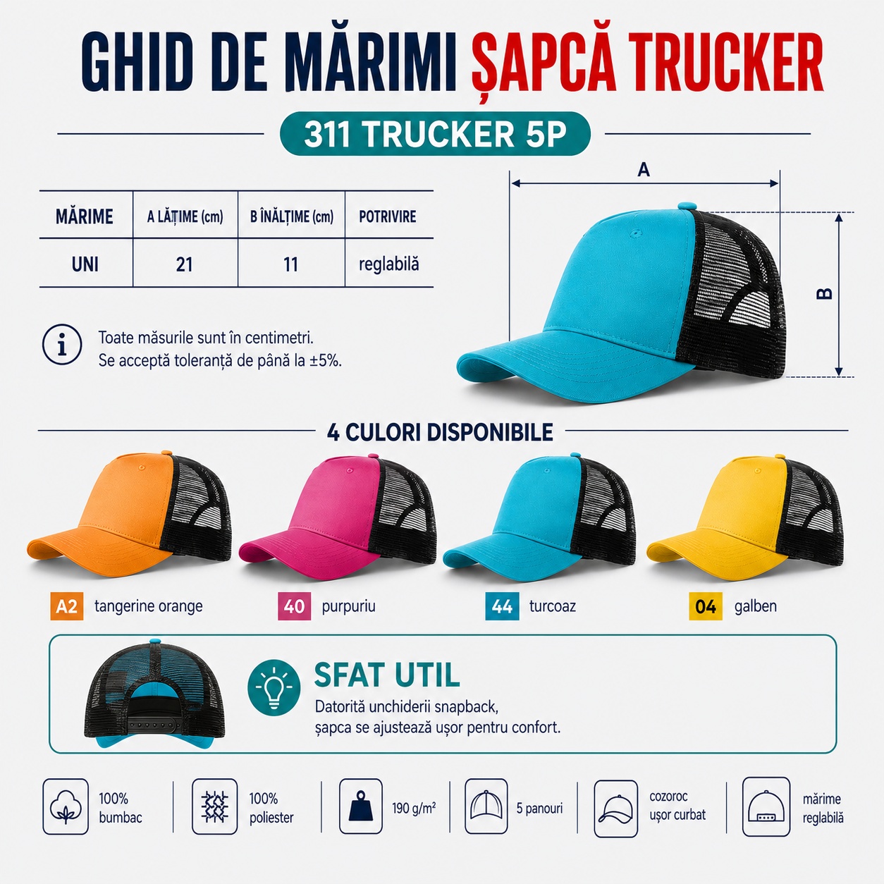 Ghid de mărimi șapcă trucker reglabilă pentru bărbați