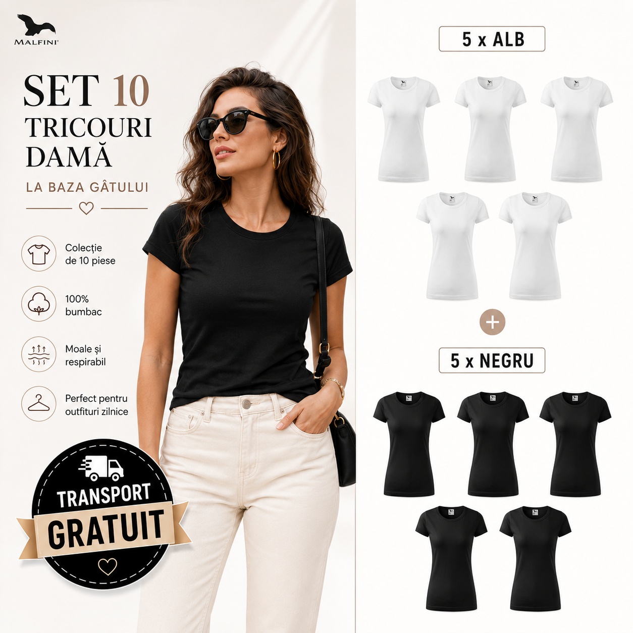 Set 10 tricouri damă la baza gâtului - transport gratuit
