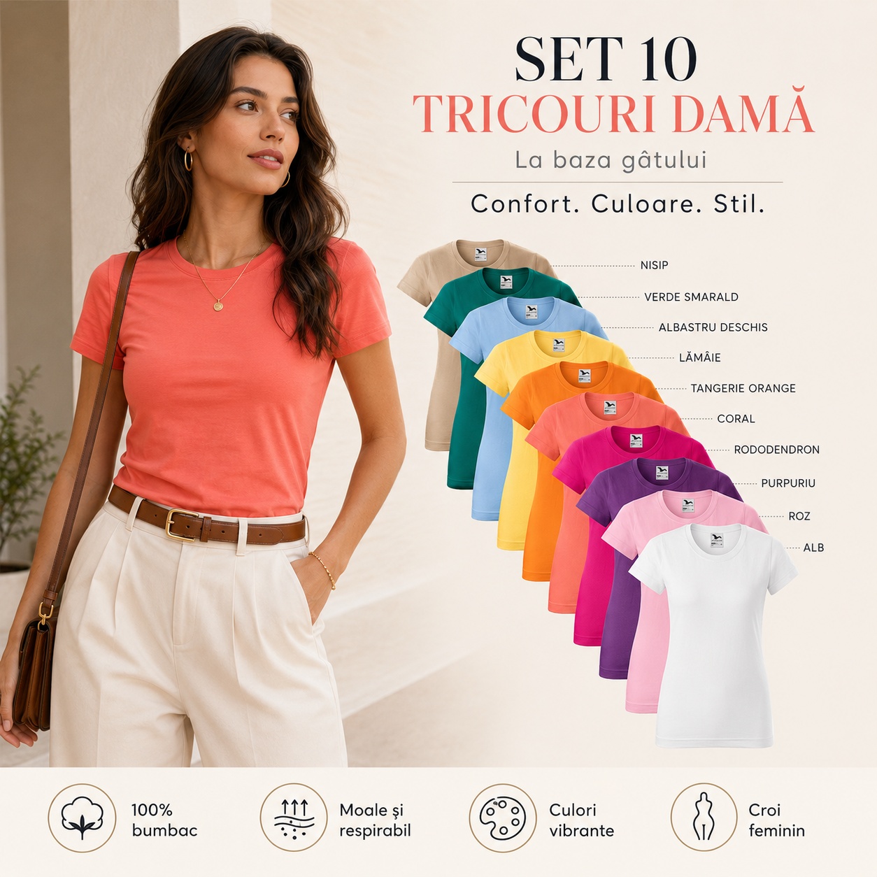 Set 10 tricouri damă la baza gâtului - 10 culori incluse