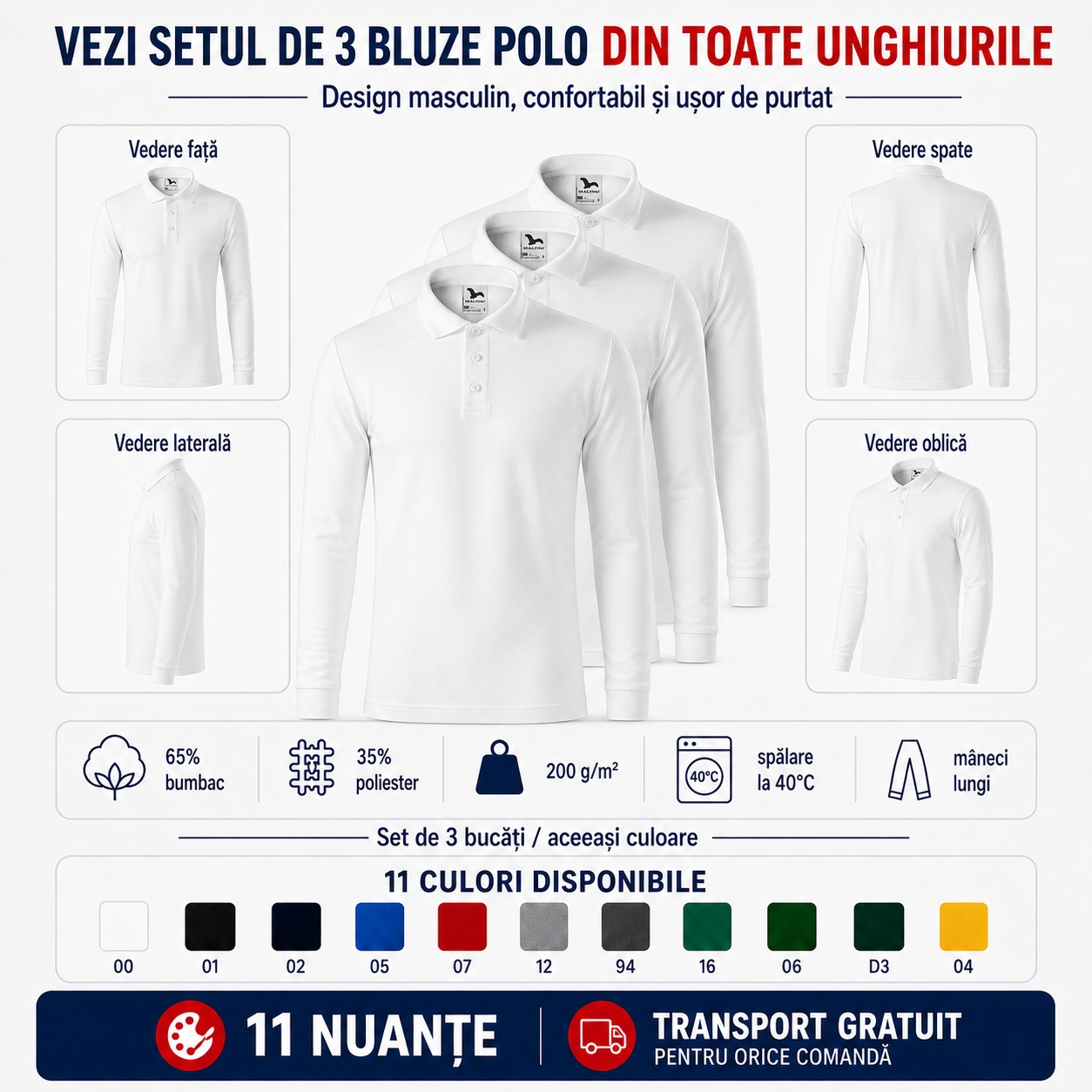 Set 3 bluze polo bărbat văzut din față, spate, lateral și oblic