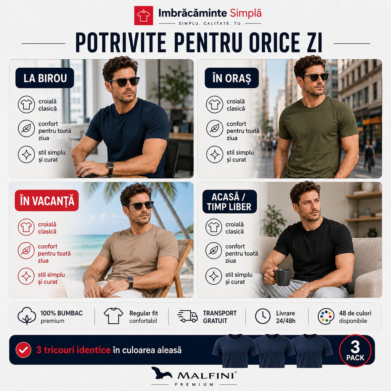 Set 3 tricouri bărbat potrivite pentru birou, oraș, vacanță, acasă și timp liber