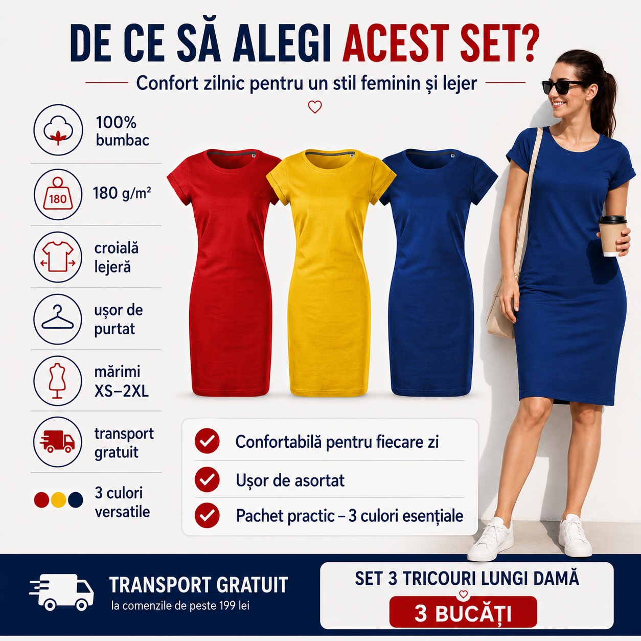 Set 3 tricouri lungi damă tip rochie Malfini Freedom 178, beneficii, 100% bumbac, 180 g/m², XS–2XL