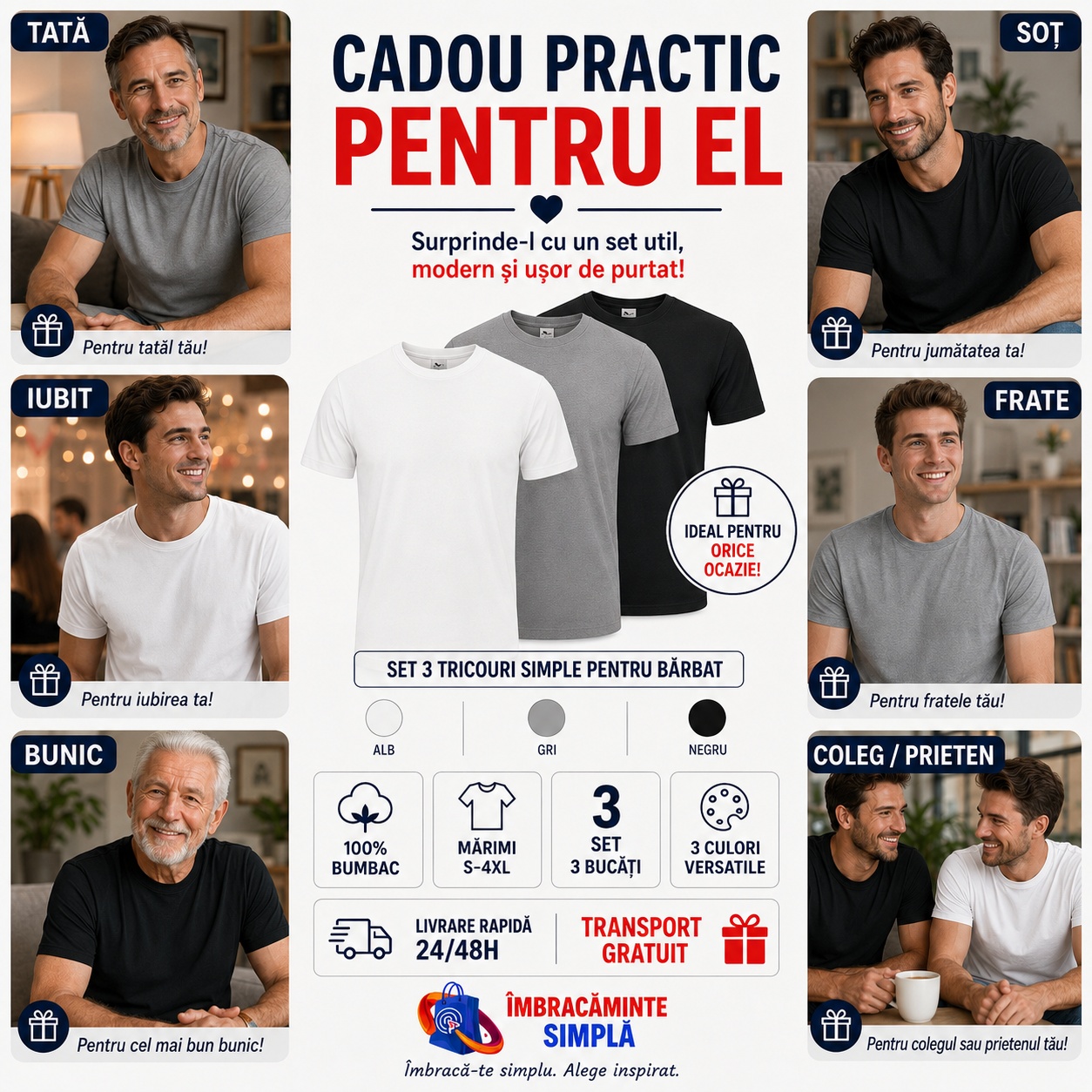 Set 3 Tricouri Bărbați - Cadou Practic pentru El Cadou practic pentru bărbați set 3 tricouri simple 100% bumbac