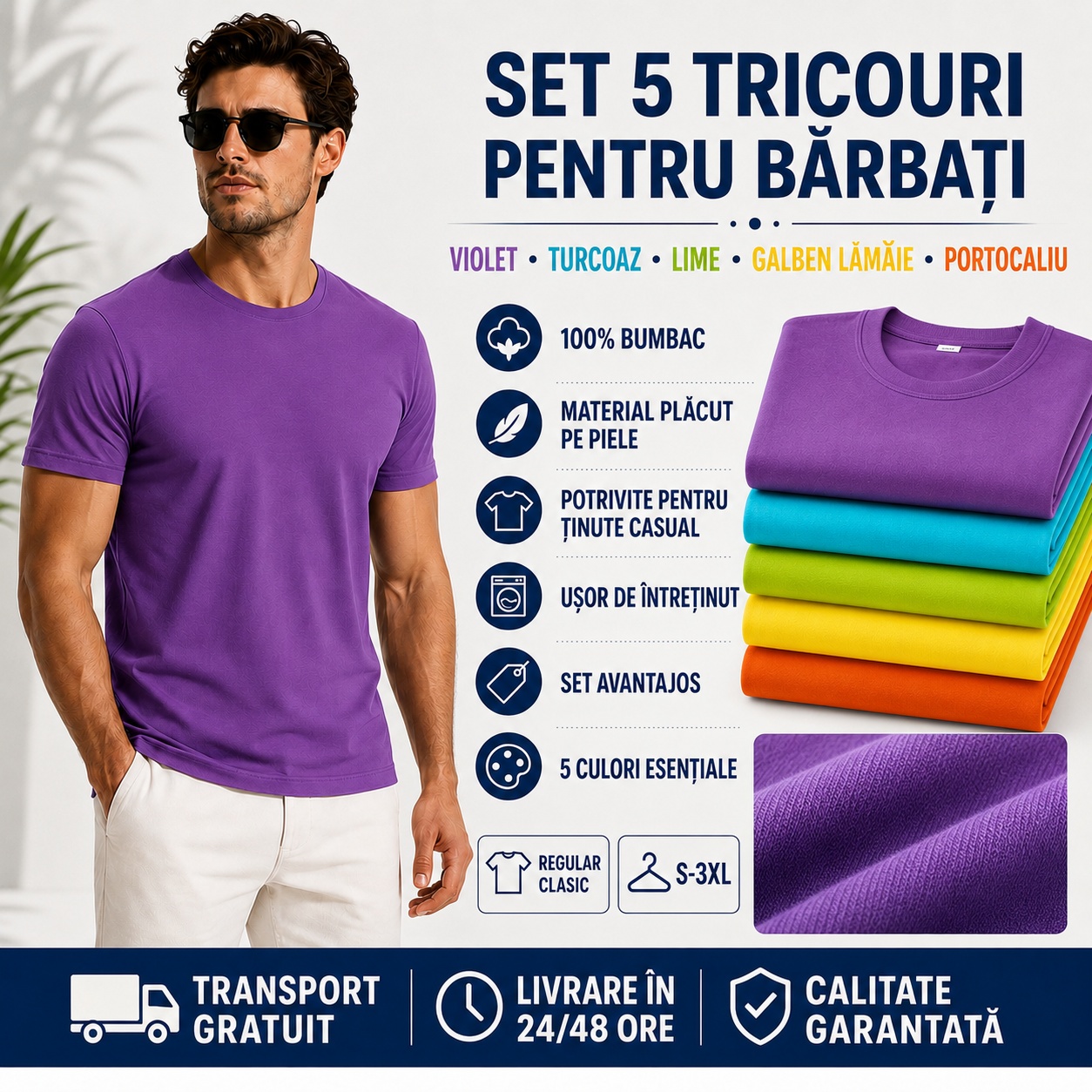 Set 5 tricouri pentru bărbați violet turcoaz lime galben lămâie portocaliu