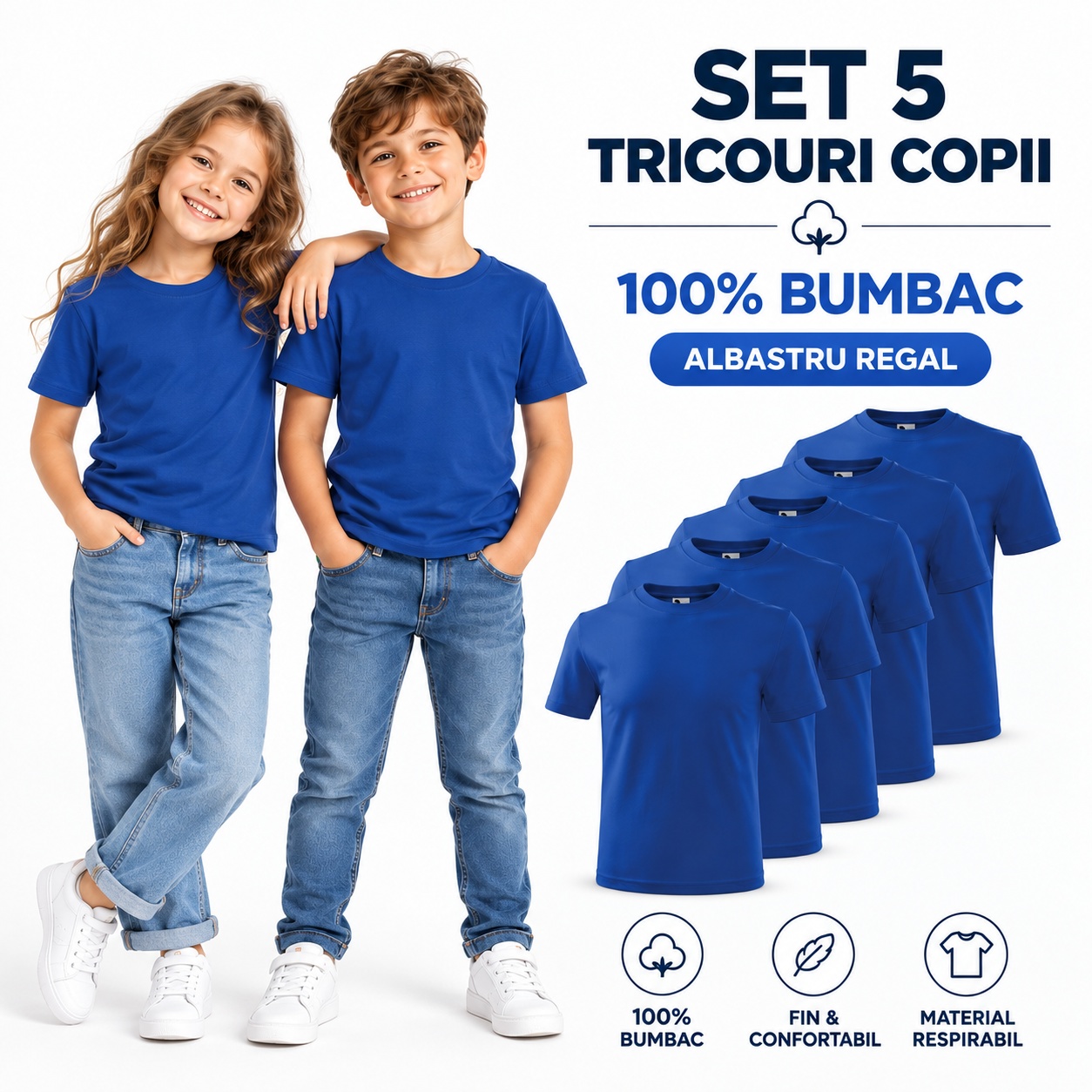 Set 5 tricouri copii Albastru Regal 100% bumbac pentru băiat și fată