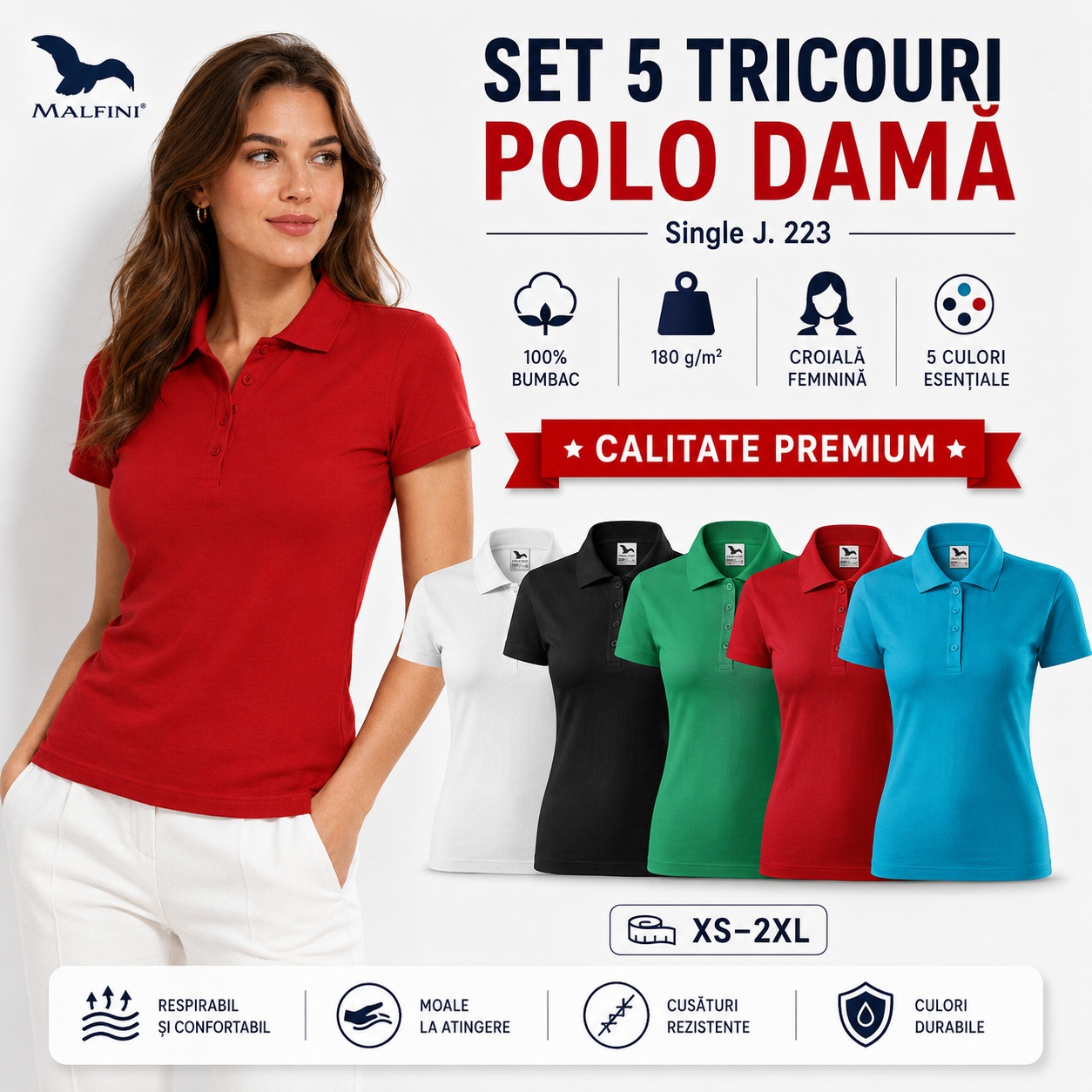 Set 5 tricouri polo damă Malfini calitate premium culori durabile