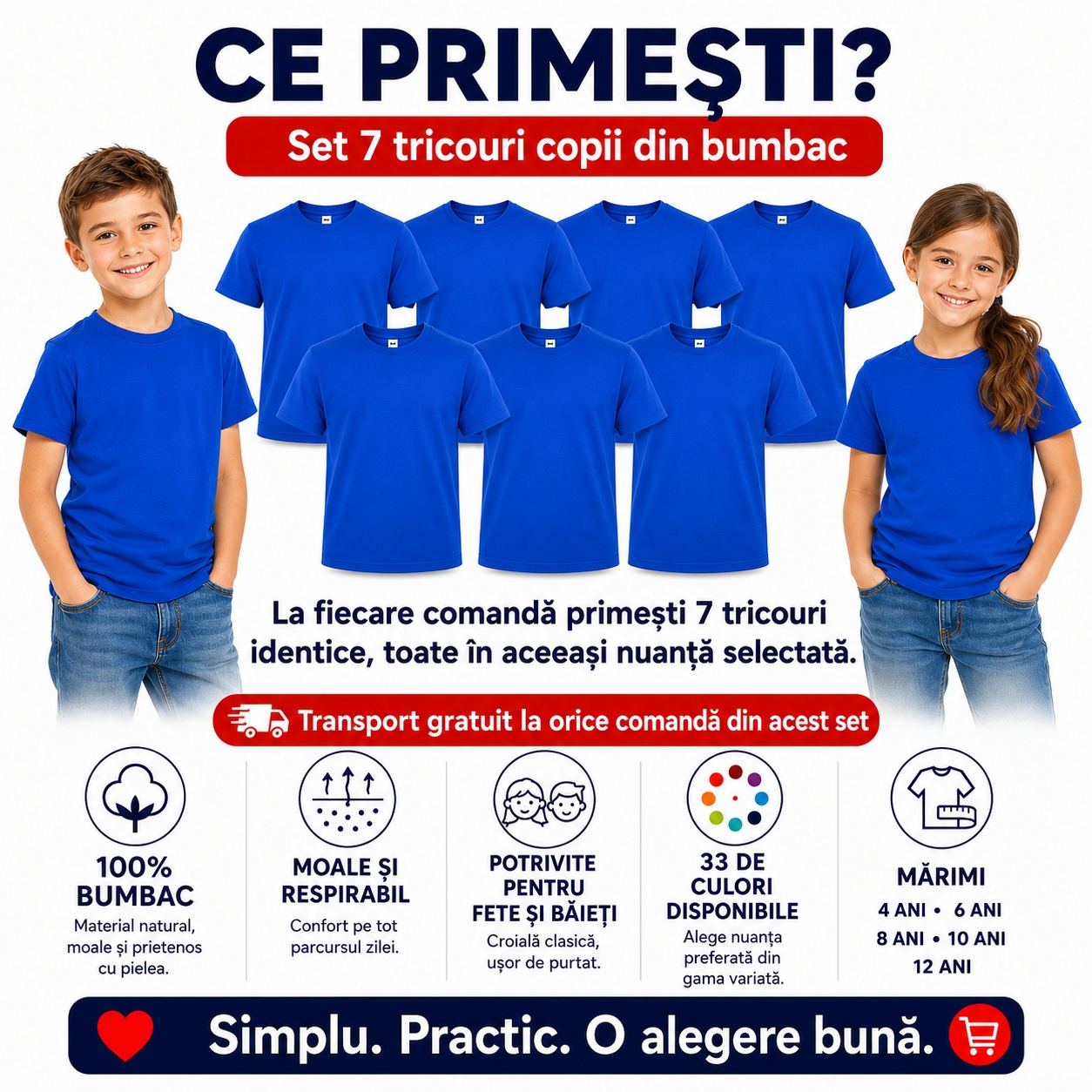 Ce primești în set - 7 tricouri copii din bumbac în aceeași culoare selectată
