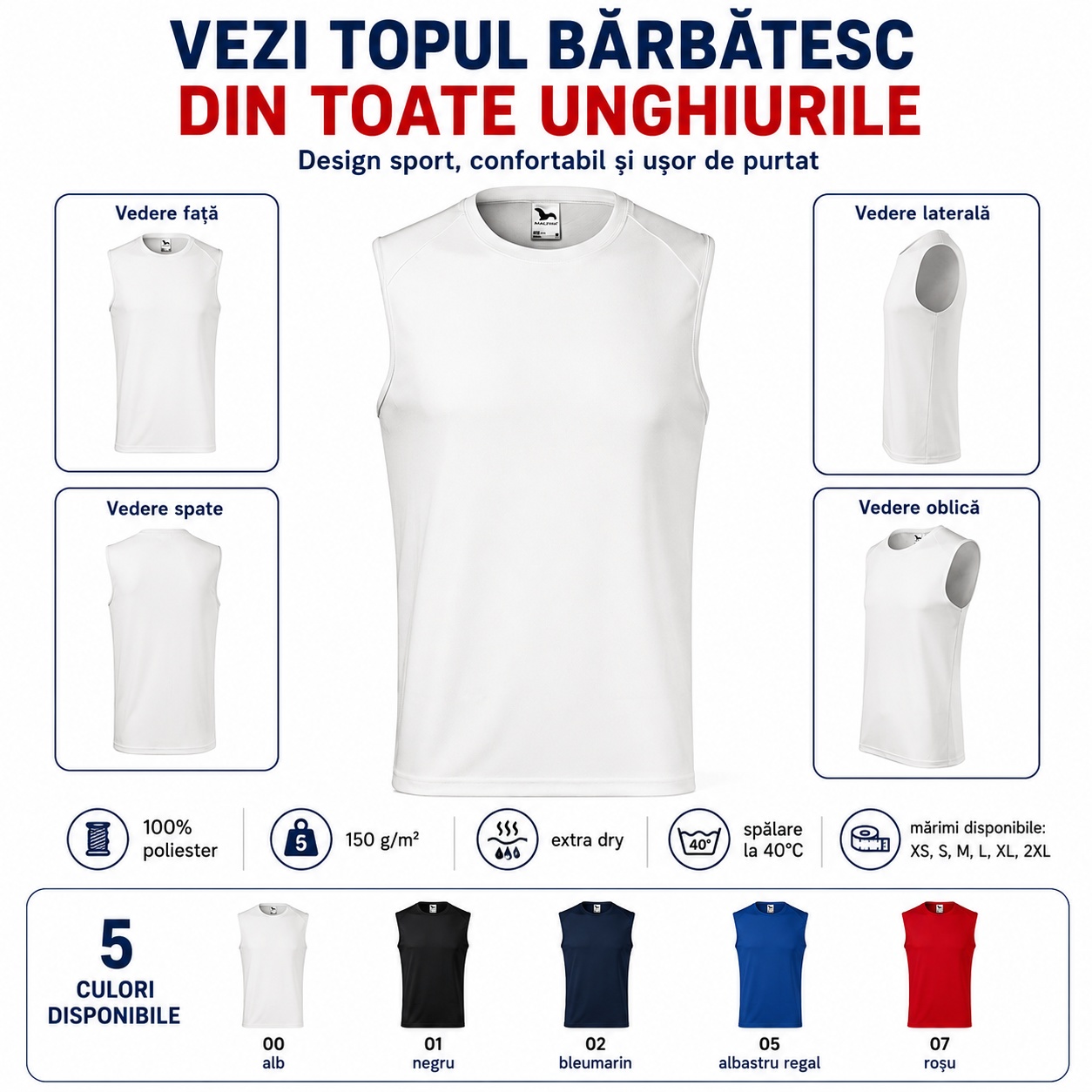 Top bărbătesc văzut din față, spate, lateral și oblic, 5 culori disponibile