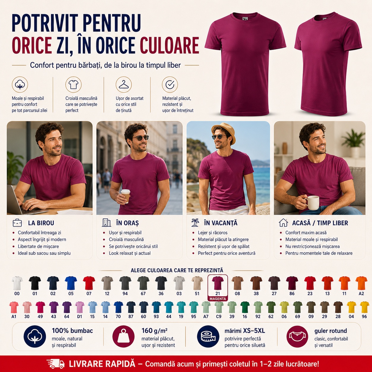 Tricou bărbat simplu potrivit pentru birou, oraș, vacanță și timp liber, material moale și respirabil, multiple culori disponibile