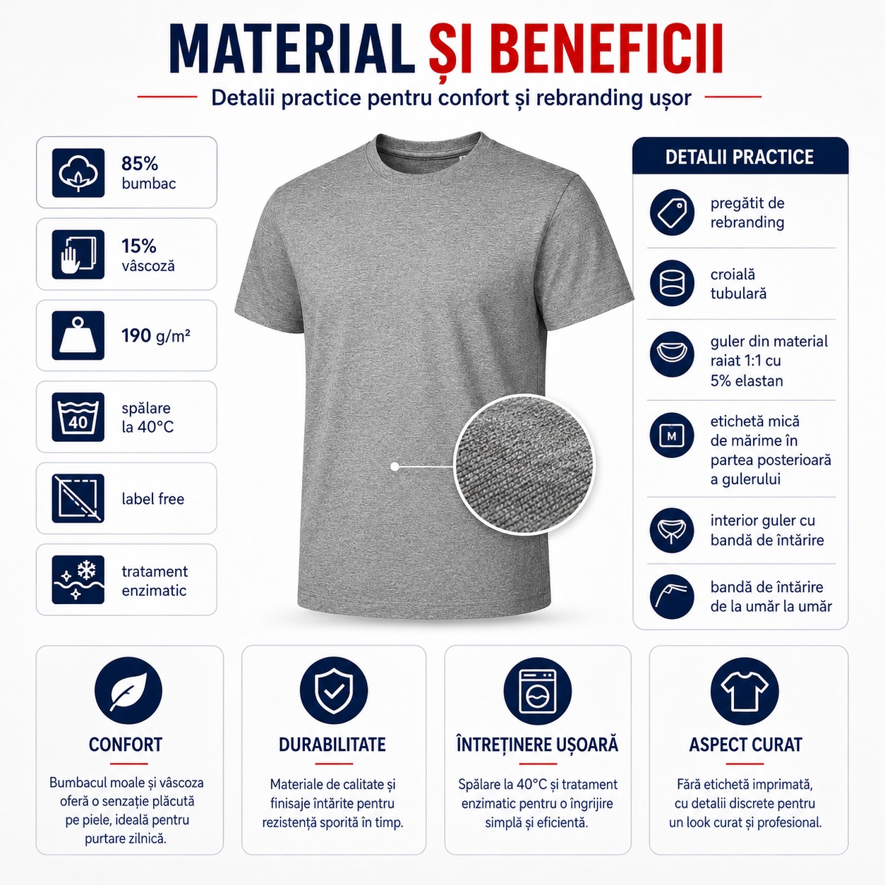Material și beneficii tricou Malfini Edge 813 - bumbac, vâscoză pentru gri melanj, 190 g/m², label free, tratament enzimatic