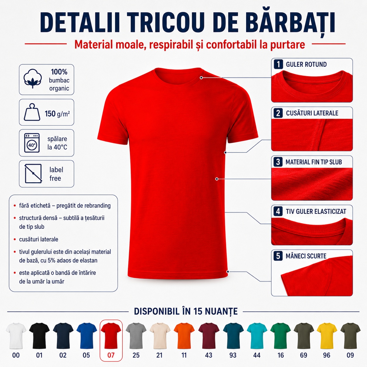 Detalii Tricou Bărbați Malfini Gulf 822 Detalii tricou bărbați Malfini Gulf 822 guler rotund cusături laterale material