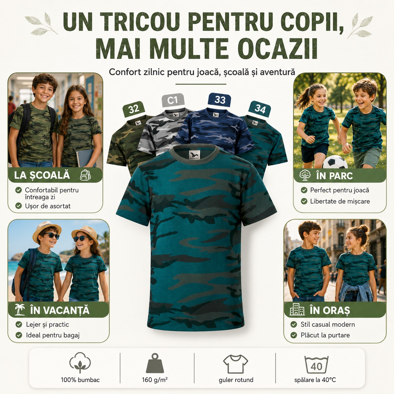 Tricou camuflaj copii pentru mai multe ocazii, școală, parc, vacanță și oraș