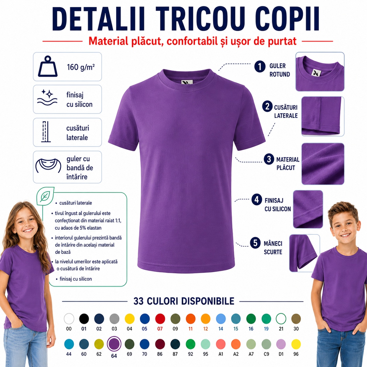 Detalii tricou copii Basic Kids, guler rotund, cusături laterale, finisaj cu silicon, material plăcut