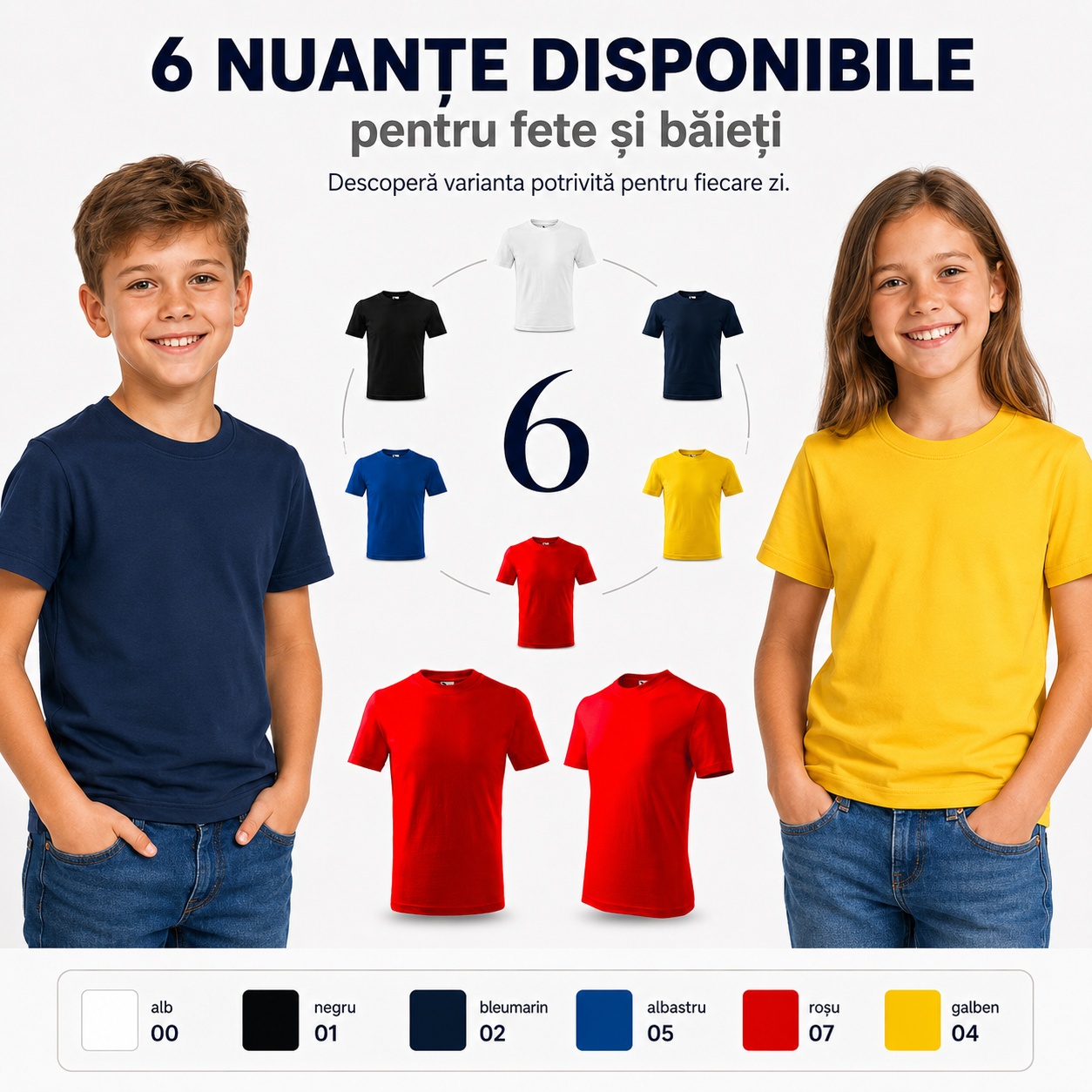 6 nuanțe disponibile tricou copii Classic Malfini: alb, negru, bleumarin, albastru, roșu, galben