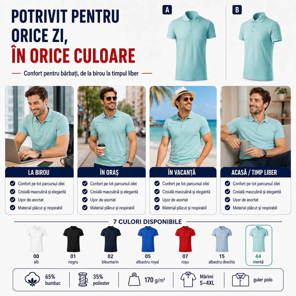 Tricou polo bărbat potrivit pentru orice zi, &icirc;n orice culoare, pentru birou, oraș, vacanță și acasă