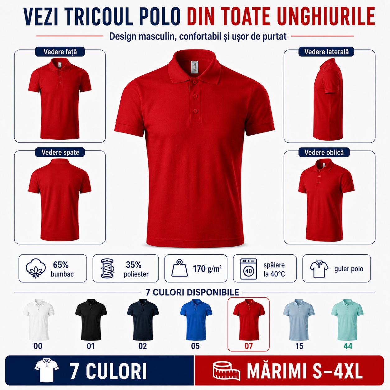 Tricou polo bărbați văzut din față, spate, lateral și oblic, design masculin confortabil