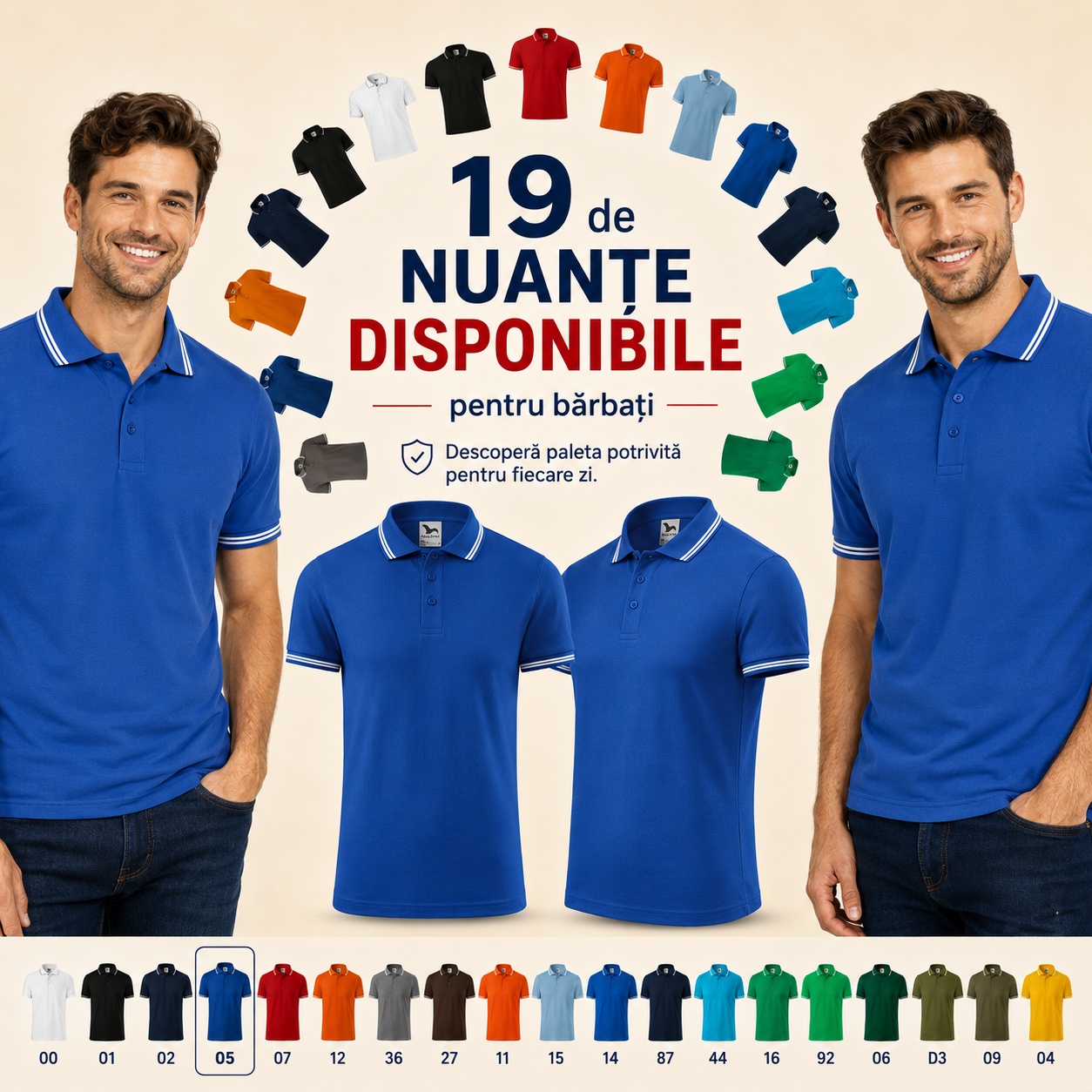 Paletă de 19 nuanțe disponibile pentru tricou polo bărbați Malfini cu dungi la guler