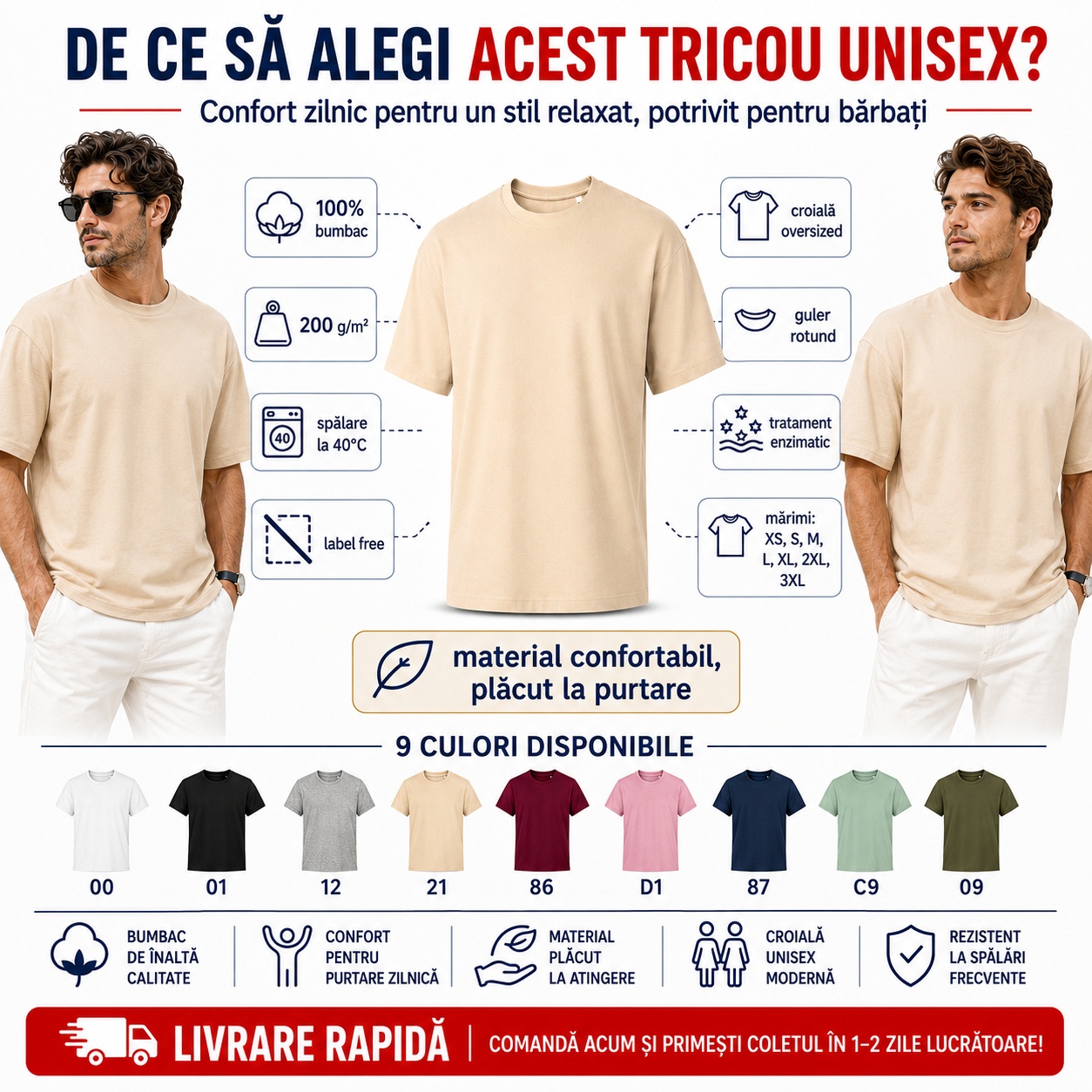 Tricou unisex oversize confortabil pentru bărbați Tricou unisex bărbat oversize cu croială lejeră 100% bumbac material confortabil